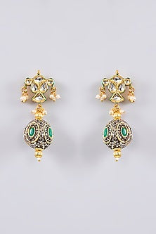 Gold Plated Zircon Stone Green Meenakari Dangler Earrings