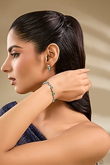White Rhodium Finish Green Stone Stud Earrings With Bracelet