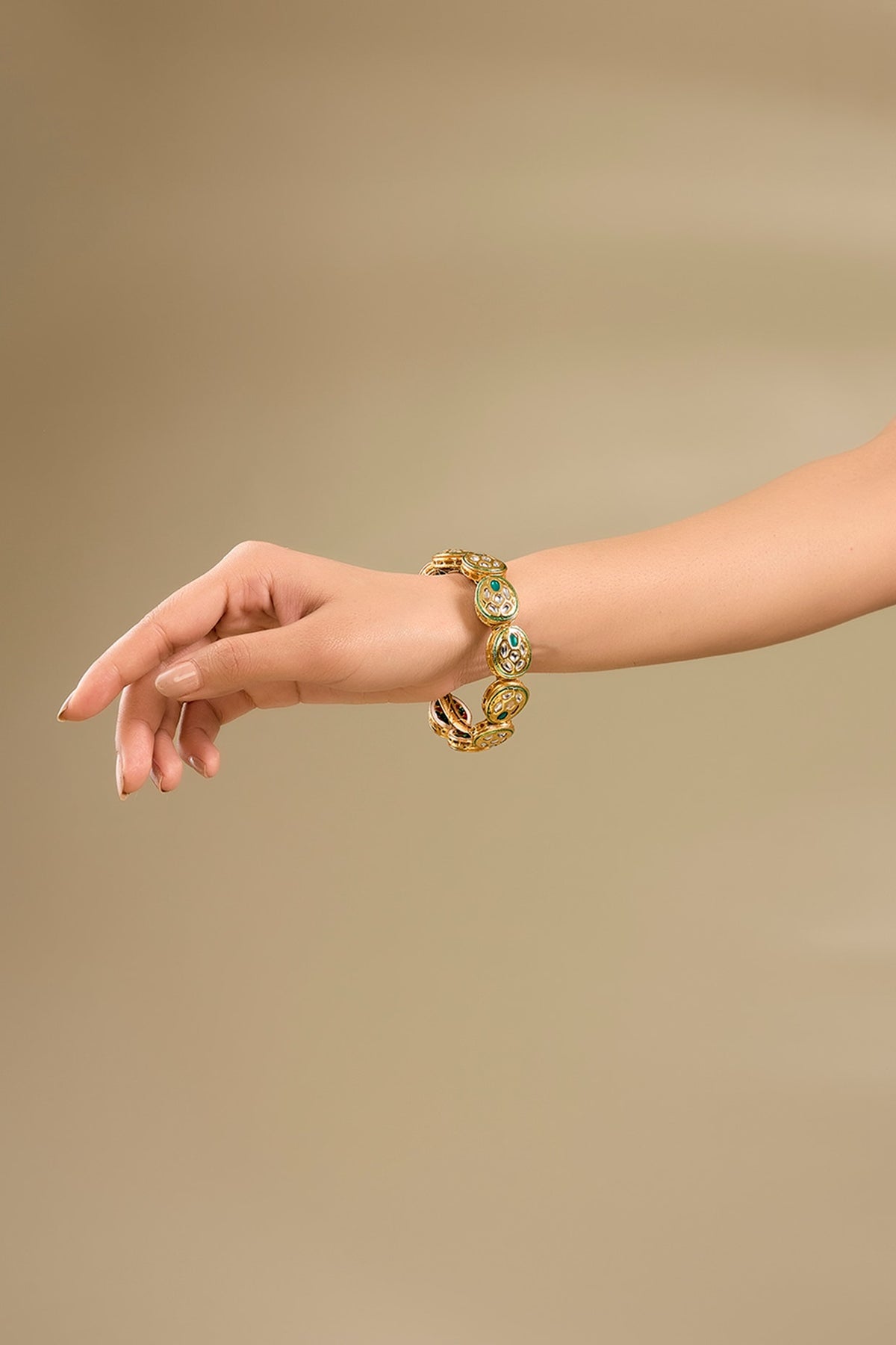 Gold Plated Kundan Polki Green Meenakari Bangle