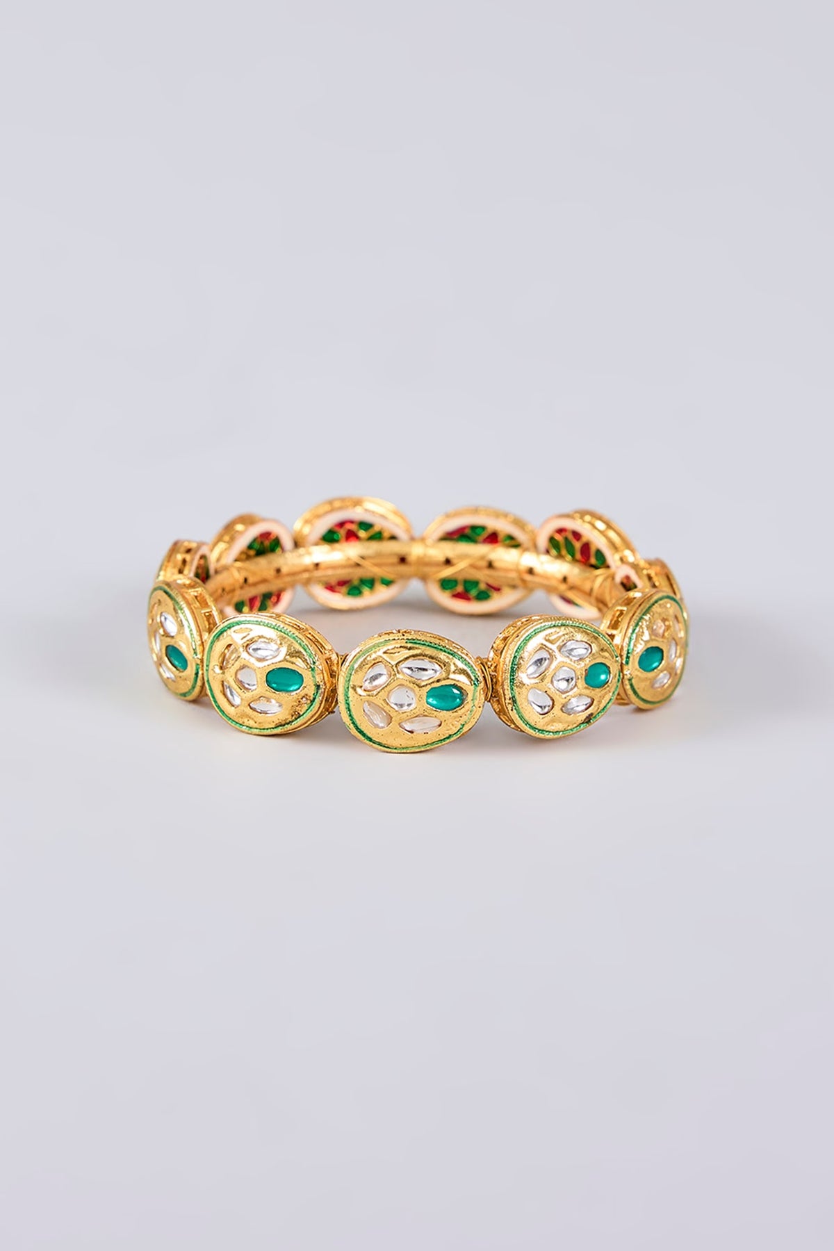 Gold Plated Kundan Polki Green Meenakari Bangle