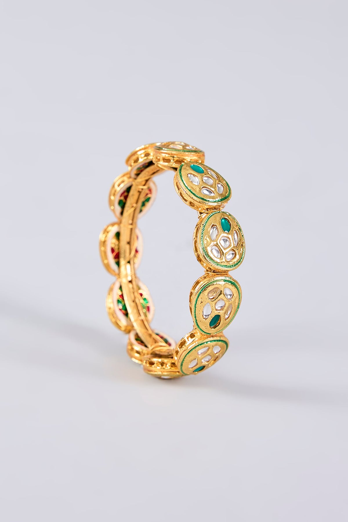 Gold Plated Kundan Polki Green Meenakari Bangle