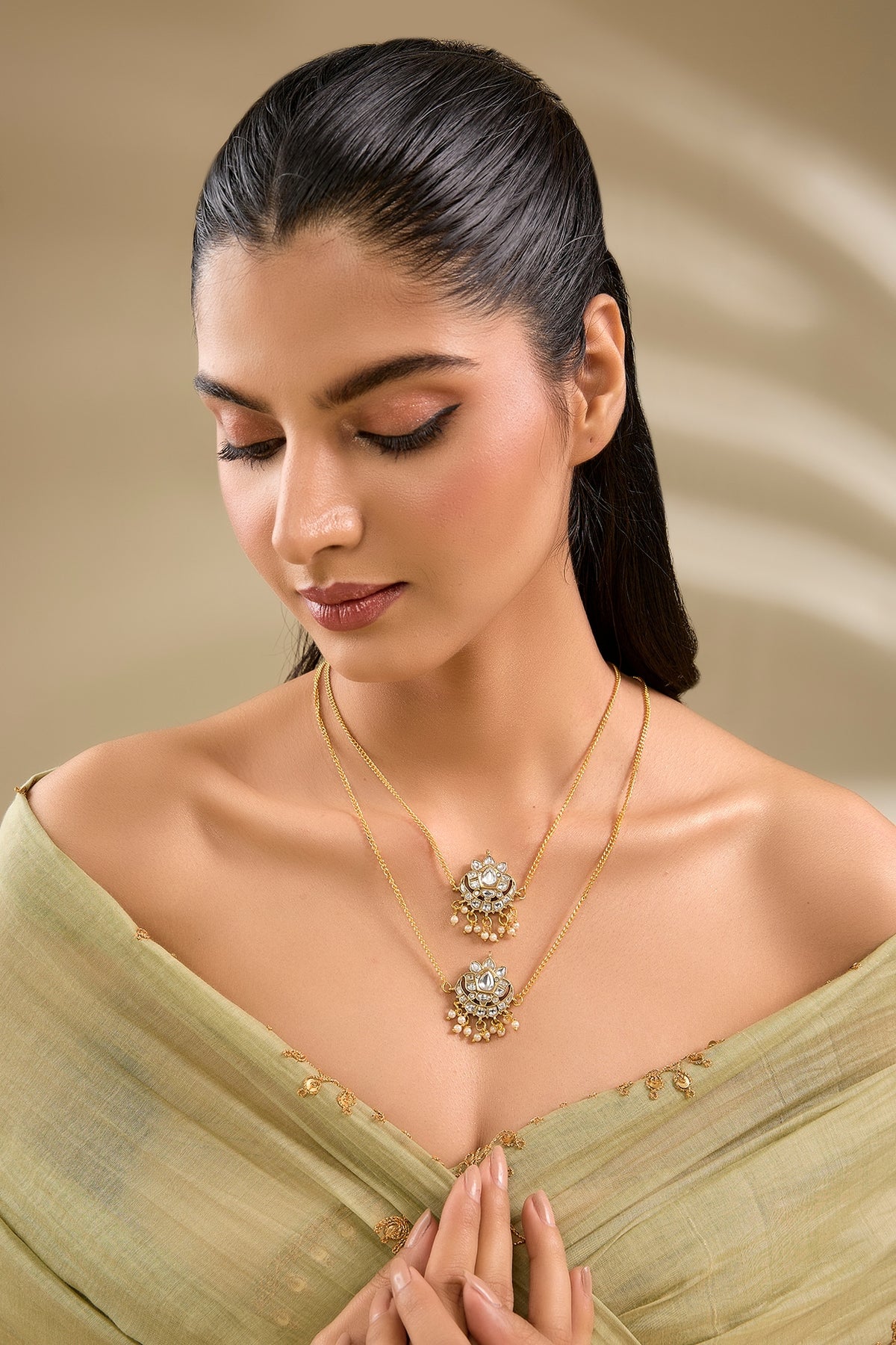 Gold Plated Kundan Polki Tiered Pendant Necklace