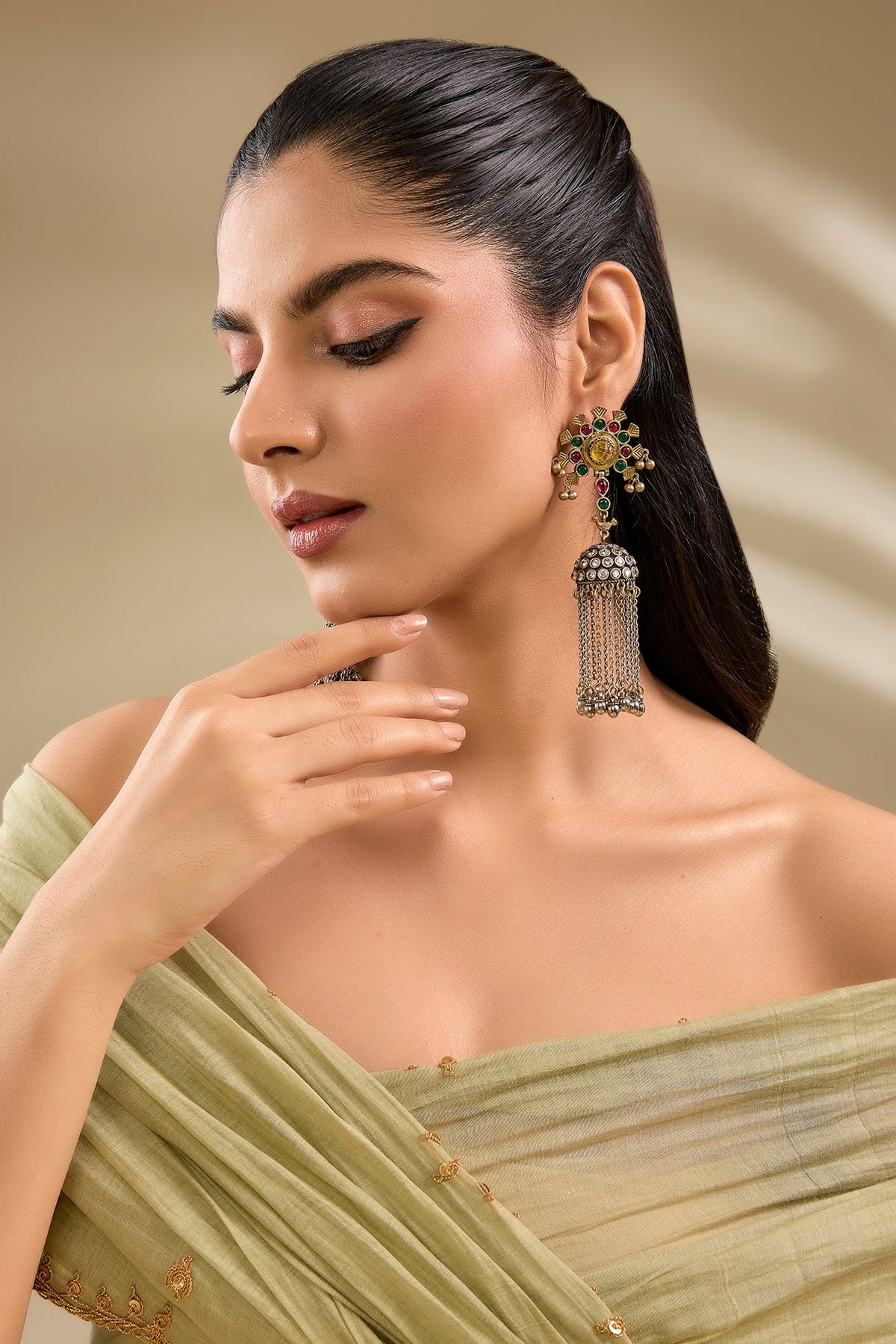Two Tone Finish Multi-Colored Stone Dangler Earrings