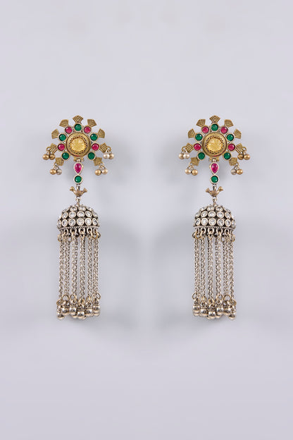 Two Tone Finish Multi-Colored Stone Dangler Earrings