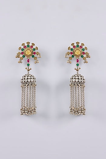 Two Tone Finish Multi-Colored Stone Dangler Earrings