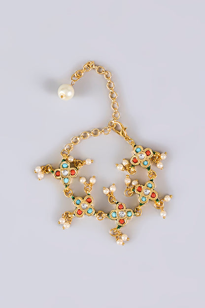 Gold Plated Multi-Colored Kundan Polki & Pearl Bracelet