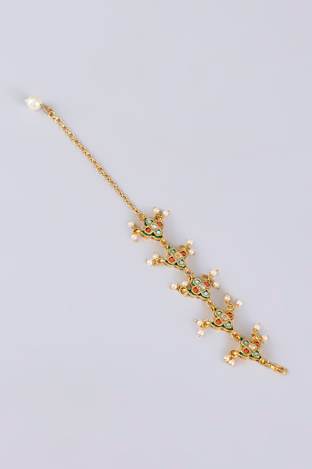 Gold Plated Multi-Colored Kundan Polki & Pearl Bracelet