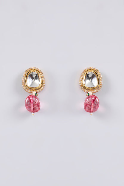 Gold Plated Kundan Polki & Beaded Dangler Earrings