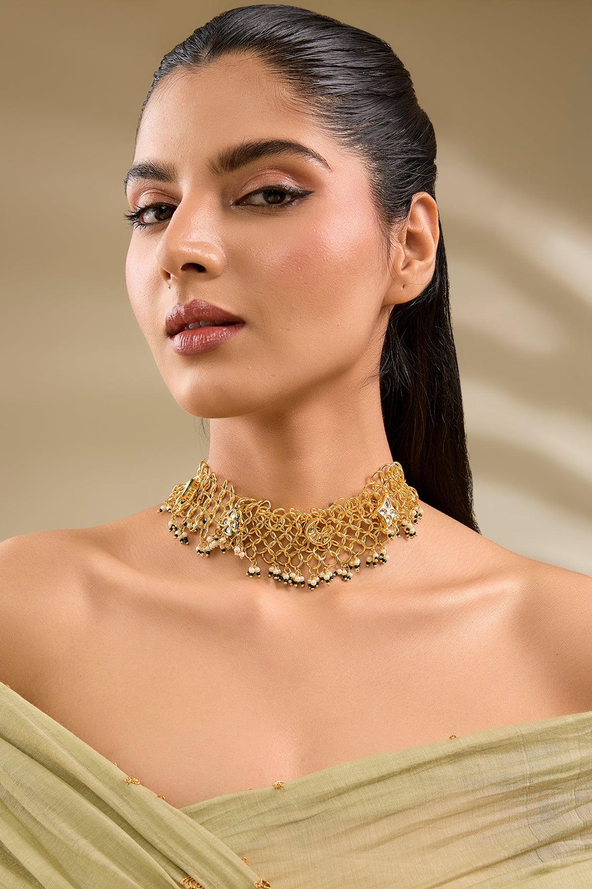 Gold Plated Kundan Polki & Pearl Chain Mesh Necklace