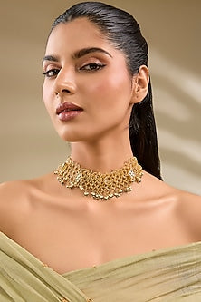 Gold Plated Kundan Polki & Pearl Chain Mesh Necklace
