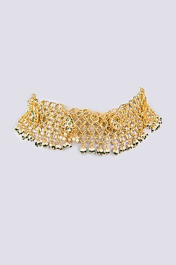 Gold Plated Kundan Polki & Pearl Chain Mesh Necklace