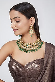 Gold Plated Green Beads Necklace Set