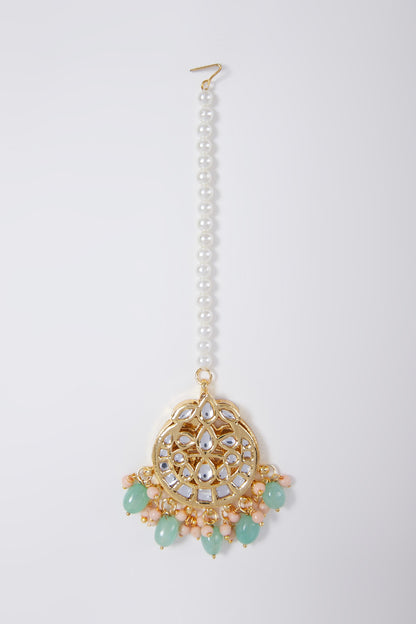 Gold Plated Peach Pearl Maang Tikka