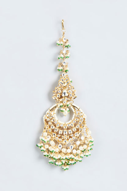 Gold Plated Maang Tikka With Green Beads