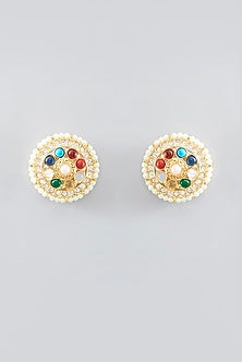 Gold Plated Multi-Colored Stone & Pearl Stud Earrings