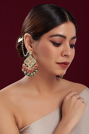 Gold Plated Multi-Colored Beaded & Kundan Polki Dangler Earrings