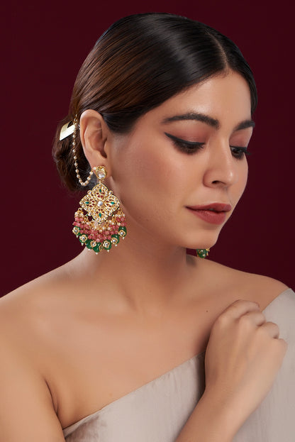 Gold Plated Multi-Colored Beaded & Kundan Polki Dangler Earrings