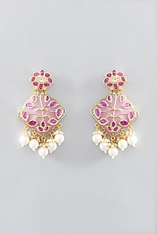 Gold Plated Pink Kundan Polki & Pearl Dangler Earrings
