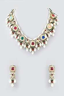 Gold Plated Multi-Colored Stone & Pearl Long Necklace Set
