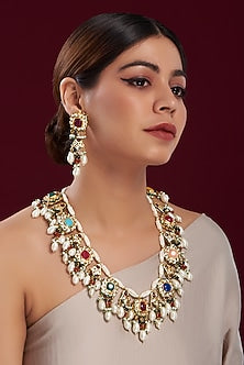Gold Plated Multi-Colored Stone & Pearl Long Necklace Set