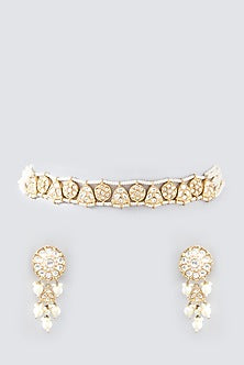Gold Plated Pearl & Uncut Polki Choker Necklace Set
