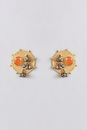 Gold Plated Synthetic Stone & Ghungroo Stud Earrings
