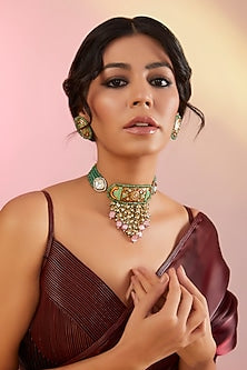 Gold Plated Pearl & Beaded Meenakari Choker Necklace Set