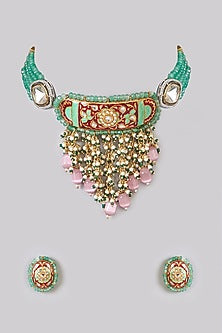 Gold Plated Pearl & Beaded Meenakari Choker Necklace Set