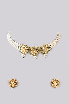 Gold Plated Kundan Polki & Pearl Choker Necklace Set