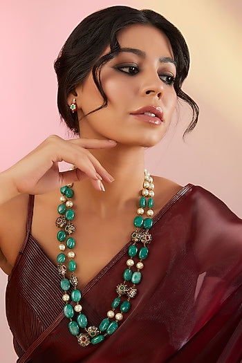 Gold Finish Kundan Polki & Beaded Layered Necklace