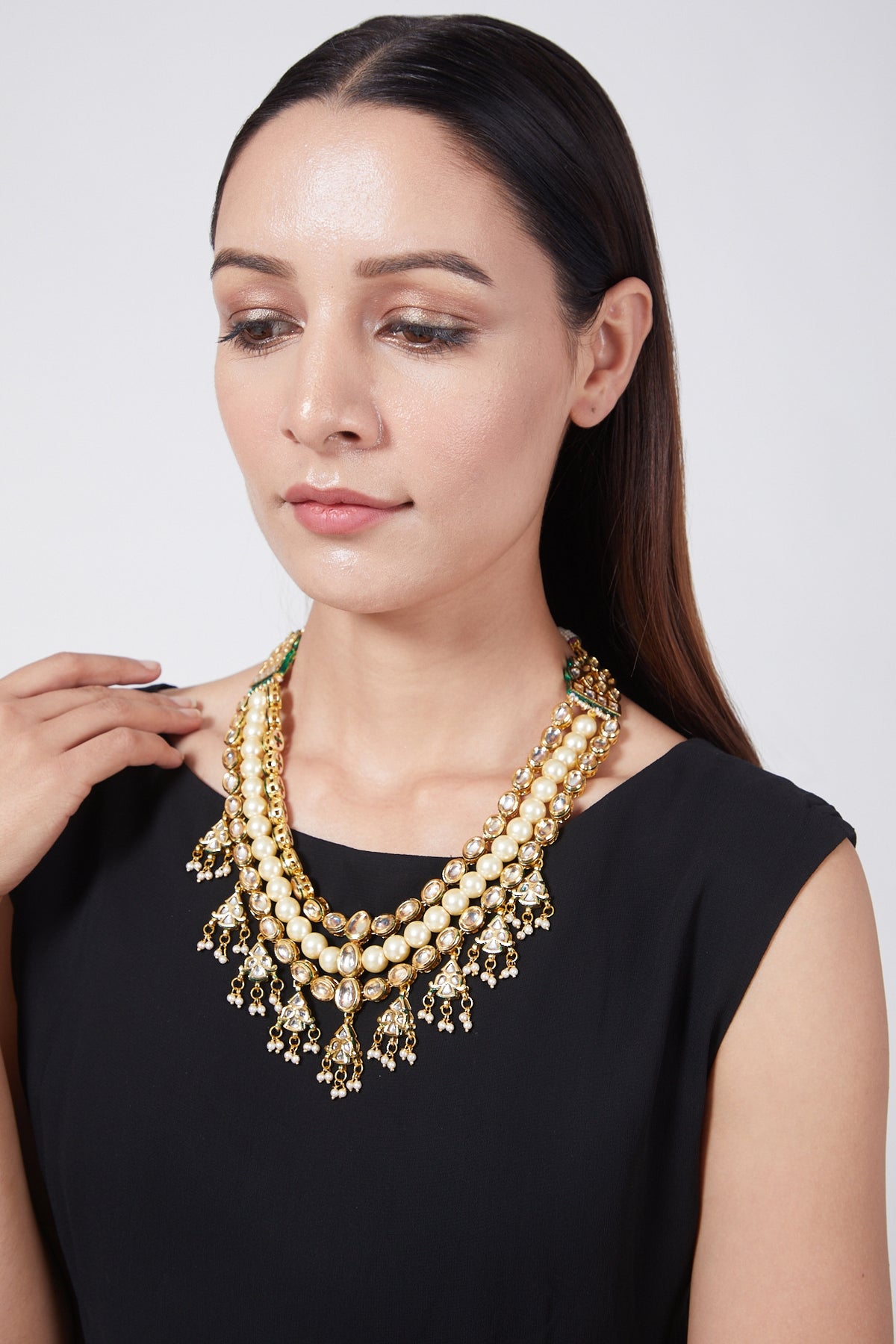 Gold Plated Three Tiered Necklace With Polkis