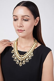 Gold Plated Three Tiered Necklace With Polkis
