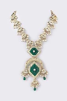 Gold Plated Kundan Polki & Green Beaded Long Necklace