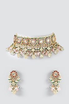 Gold Plated Pink Kundan Polki Meenakari Choker Necklace Set