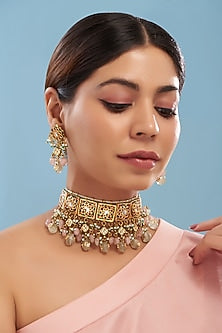 Gold Plated Pink Kundan Polki Meenakari Choker Necklace Set
