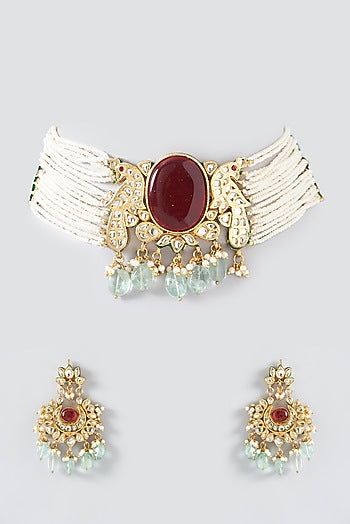 Gold Plated Kundan Polki & Ruby Stone Peacock Choker Necklace Set