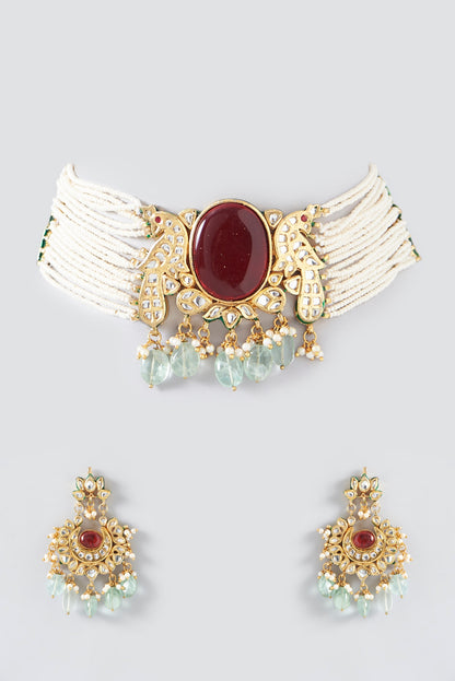 Gold Plated Kundan Polki & Ruby Stone Peacock Choker Necklace Set