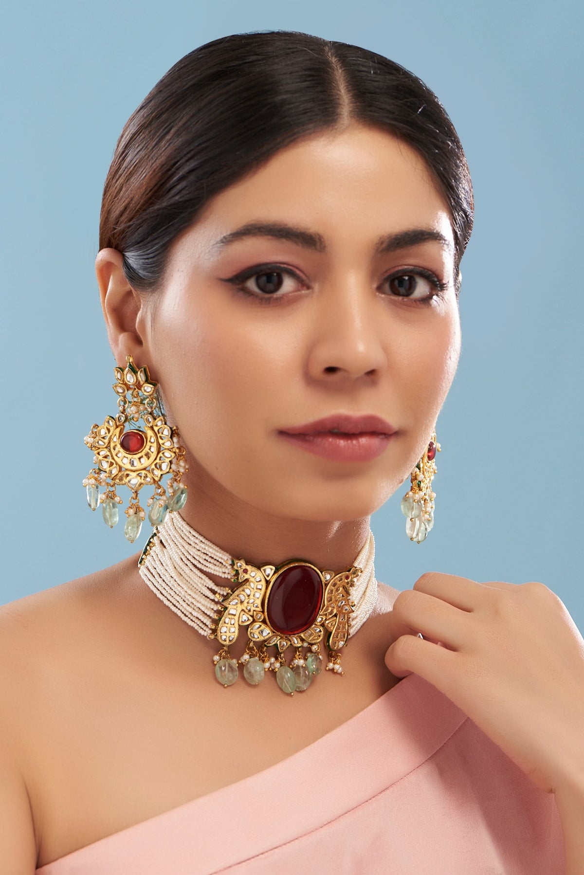 Gold Plated Kundan Polki & Ruby Stone Peacock Choker Necklace Set