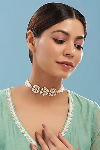 Gold Plated White Kundan Polki & Pearl Floral Choker Necklace
