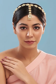 Gold Plated Kundan Polki & Pearl Floral Mathapatti