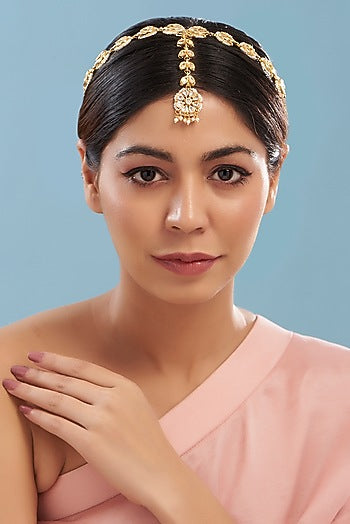 Gold Plated Kundan Polki & Pearl Floral Mathapatti
