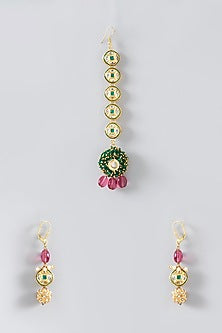 Gold Plated Kundan Polki & Green Beaded Maang Tikka With Earrings