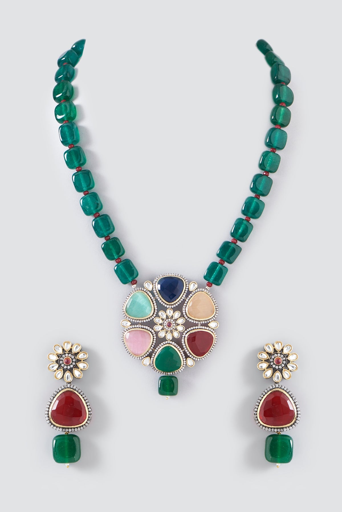 Black Rhodium Plated Green Beaded Long Pendant Necklace Set