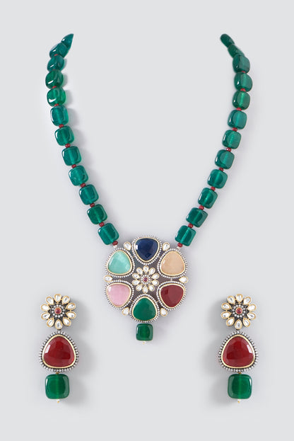 Black Rhodium Plated Green Beaded Long Pendant Necklace Set