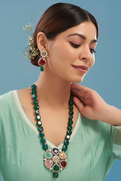 Black Rhodium Plated Green Beaded Long Pendant Necklace Set