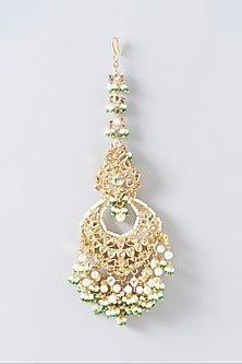 Gold Plated Polki & Green Beaded Floral Maang Tikka