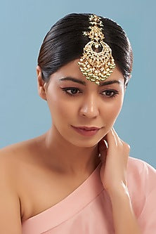 Gold Plated Polki & Green Beaded Floral Maang Tikka