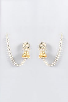Gold Plated Pearl Tassel & White Stone Jhumka Earrings