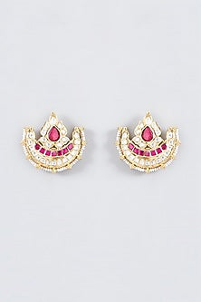 Gold Plated Ruby & Pearl Dia Stud Earrings