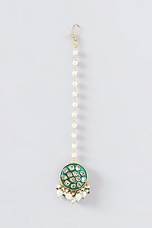 Gold Plated Green Kundan & Pearl Maang Tikka